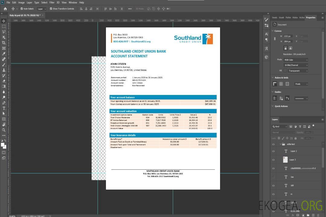 États-Unis, Californie, Southland Credit Union Bank, relevé, modèle Word et PDF template États-Unis, Californie, Southland Credit Union Bank, relevé, modèle Word et PDF template